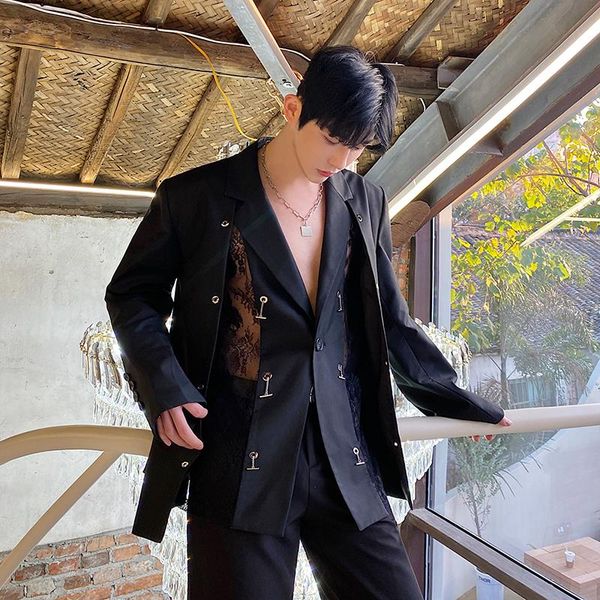 

man streetwear vintage suits coat men's splice lace metal chain buckle casual black suit jacket blazers stage clothing &, White;black