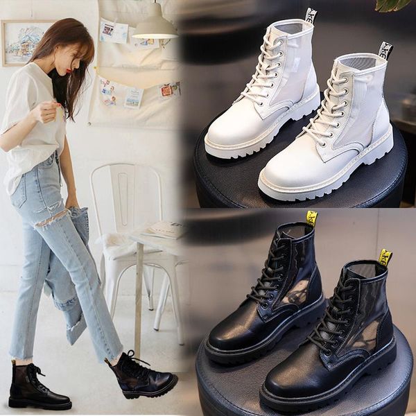 

boots spring summer 2021 women's through mesh casual sports thick heel short breathable leather shoes, Black