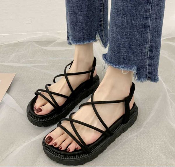

sandals women 2021 narrow band summer woman elastic platform flats ladies comfortable footwear female casual beach shoes, Black