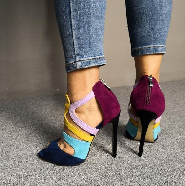 

dress shoes drop 2021 brand woman summer colorful blue yellow purple open toe zip back cuts out thin heel sandals big size lady, Black