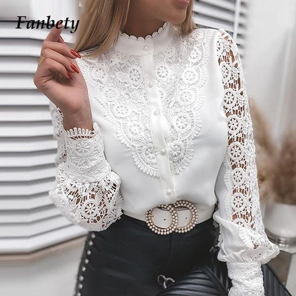 

women's blouses & shirts women elegant embroidery lace blouse shirt 2021 spring casual long sleeve stand collar office lady solid colo, White