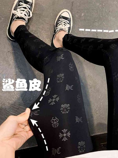 

crosin shark skin leggings women's spring and autumn thin wear croxin print nine point black skinny elastic tights