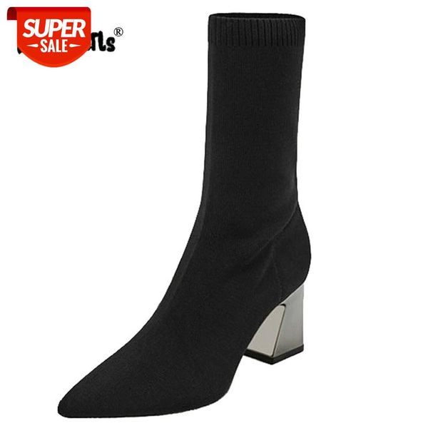 

dijigirls mode cheville stretch tissu chaussette bottes chunky talons stretch femmes automne chaussons bout pointu femmes #pq8h, Black