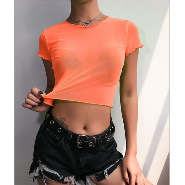 Mulheres T-shirt Moda Mesh Casual Partido Sexy Senhoras Crop Tops Verde / Azul / Laranja / Roxo Transparente Ruffle Swimwear 210522