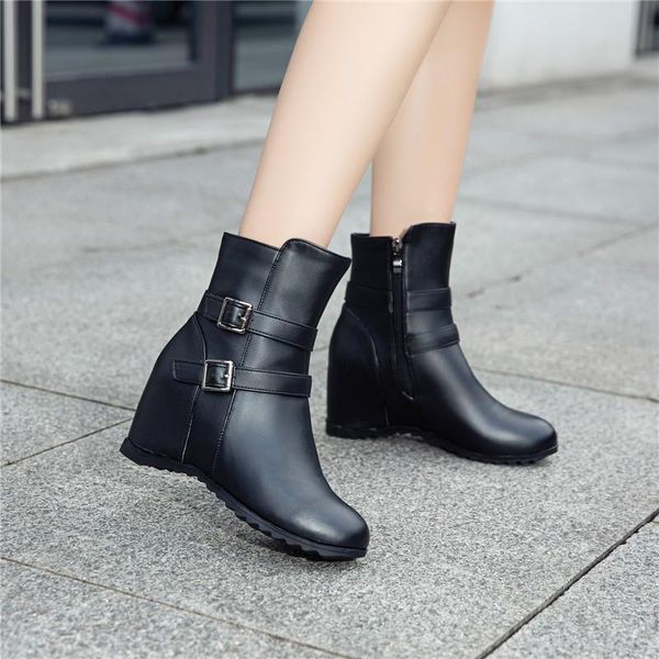 

boots fashion ladies autumn winter shoes buckle strap black white bootie women hidden high heels large size womens ankle