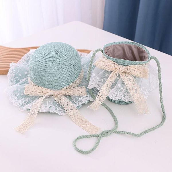 

korean bud silk lace children sun hat bag set spring summer brand beach straw hats for girl kid wide brim cap caps &, Yellow