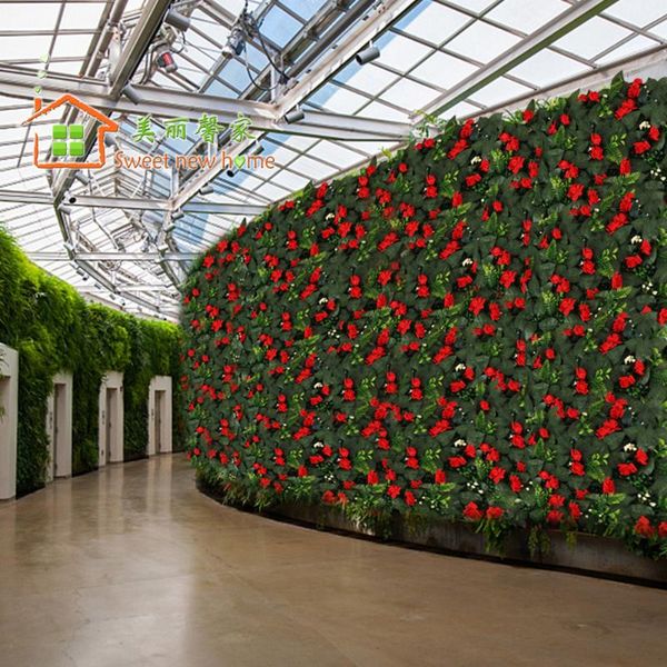 

artificial silk flower wall small red rose and green leaves wedding background road lead market decoration decorative flowers & wreaths