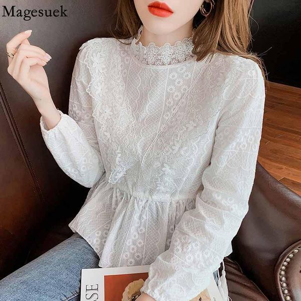 

women's blouses & shirts french elegant crochet lace blouse women autumn drawstring waist long sleeve sweet flower white shirt blusas 1