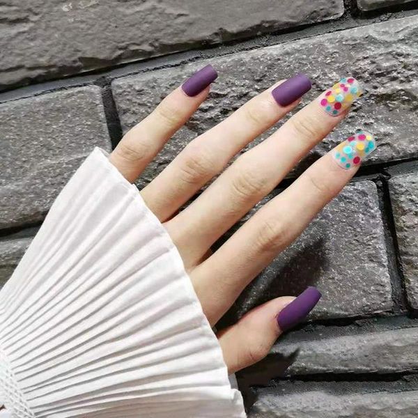 

false nails 24pcs artificial with glue purple matte sequins nail stickers complete fake press on square dl, Red;gold
