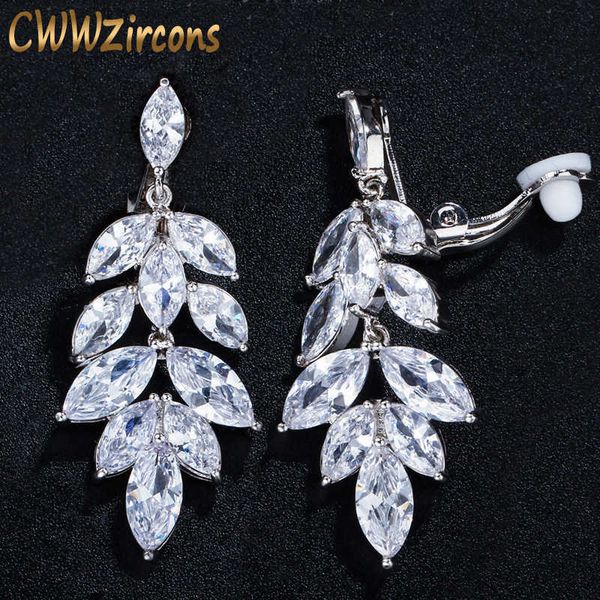 

gorgeous long drop cubic zirconia crystal japanese no pierced ear clip on earrings for women wedding party cz407 210714, Silver