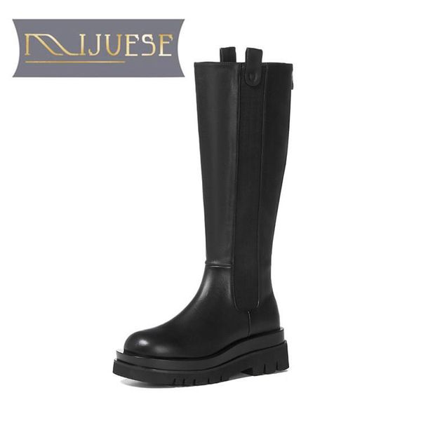 

boots mljuese 2021 women knee-high cow leather zipper winter short plush square toe platform high heels female size 40, Black