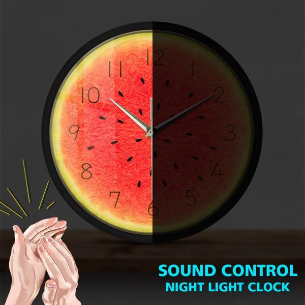 

wall clocks summer time watermelon metal frame round clock tropical kitchen sound control watch fruit style silent quartz