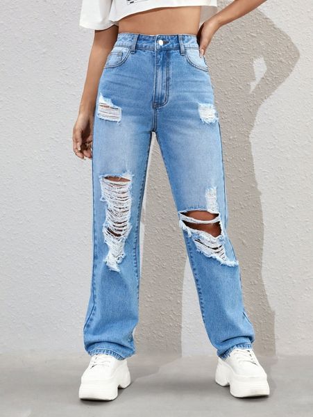 

ripped boyfriend jeans r1s3#, Blue