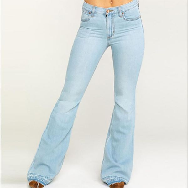 

women's jeans women flare woman plus size mid waist bell stretch slim pants length clothing pantalones vaqueros mujer#g3, Blue