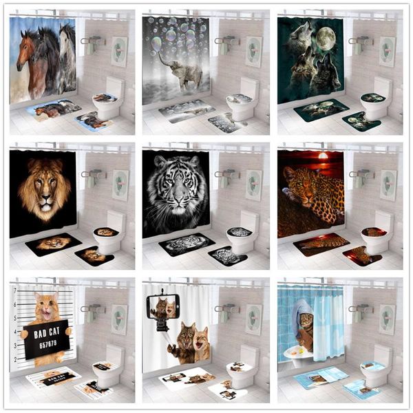 

shower curtains lion tiger frog cat curtain carpet mat and cover 4pcs set bathroom decoration polyester washable washroom bath