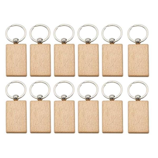 

keychains 12 pcs blank wooden key chain rectangle tags wood ring for diy craft, Silver
