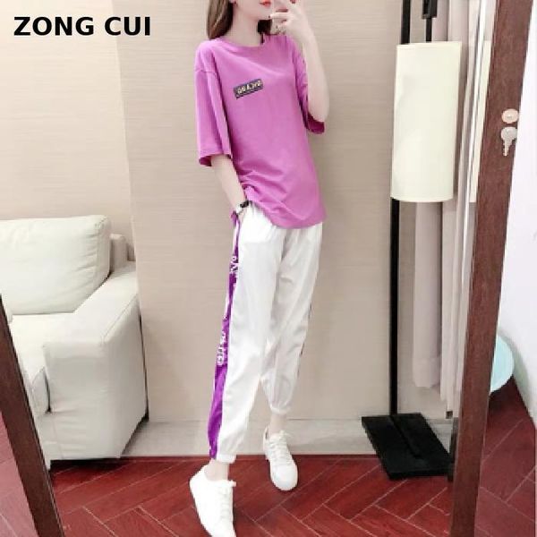 

plus size large 2-piece women's suit summer pink purple solid t-shirt + pants and sportswear fitness set tracksuits, Gray
