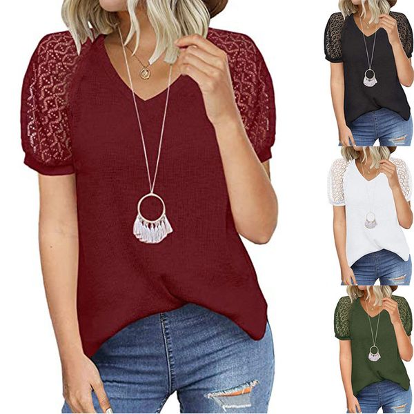 

fashion t shirt 2021 popular women's lace short sleeve v-neck casual top, White