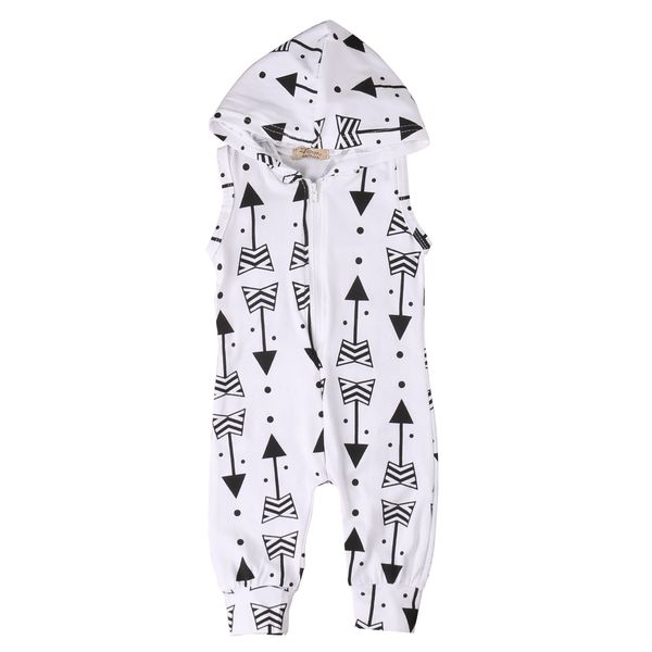 

sleeveless arrows print hooded romper with zipper jumpsuit for baby boy, White