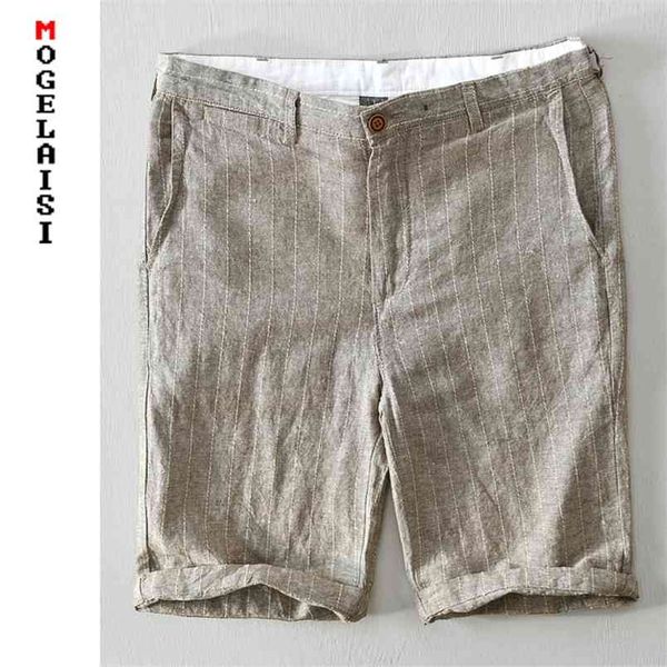 

casual shorts men summer linen stripe gray breathable pocket man short homme bermuda masculina 8108 210629, White;black