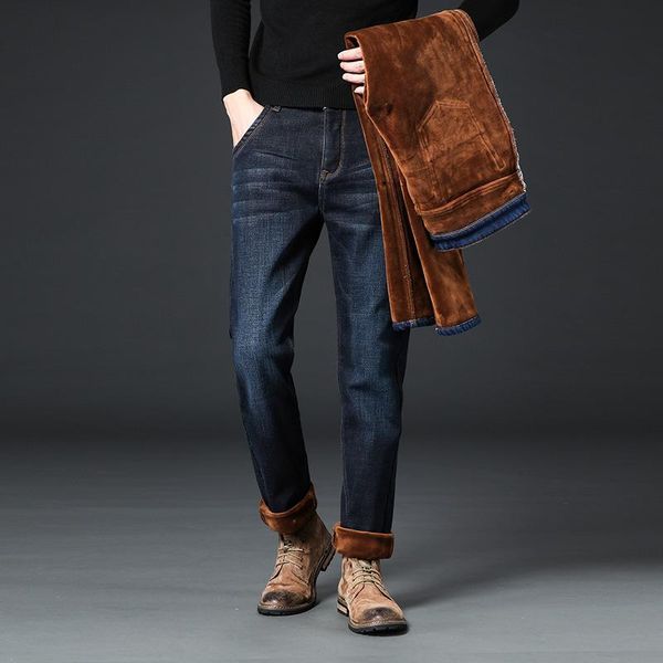 

men's jeans [add velvet thickening] winter slim big size trousers straight warm pants youth, Blue