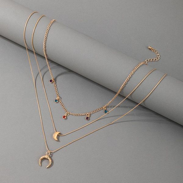 

pendant necklaces fashion colorful crystal necklace for women vintage moon bull head multi-layer gold alloy choker bohemian jewelry 1, Silver