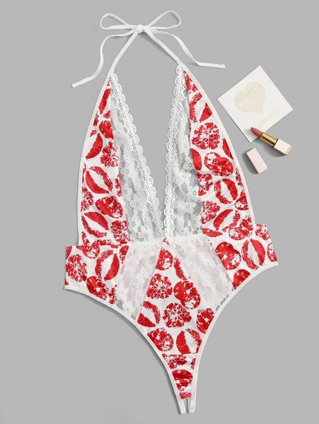 

plus lip print contrast lace teddy bodysuit n01y#, Black;white