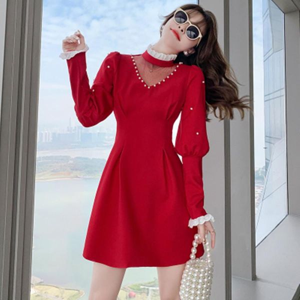 

casual dresses french vintage red dress 2021 autumn winter mesh stitching long sleeve nail bead vestidos, Black;gray