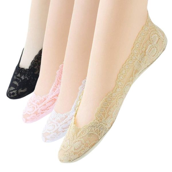 

4pairs lace no show socks for women sheer loafer flat liner non slip invisible low cut thin bootie ladies dress sock & hosiery, Black;white
