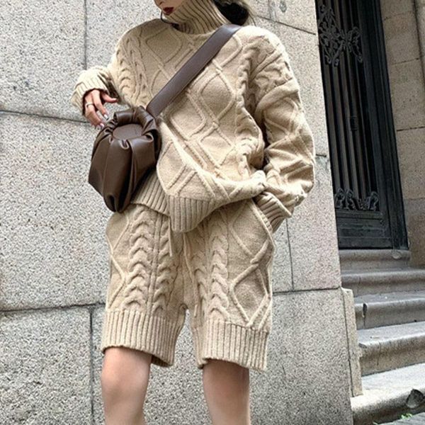 

women's tracksuits twist knit womens turtleneck sweater short sets 2021 autumn long sleeve vintage loose shorts set female casual chic, Gray