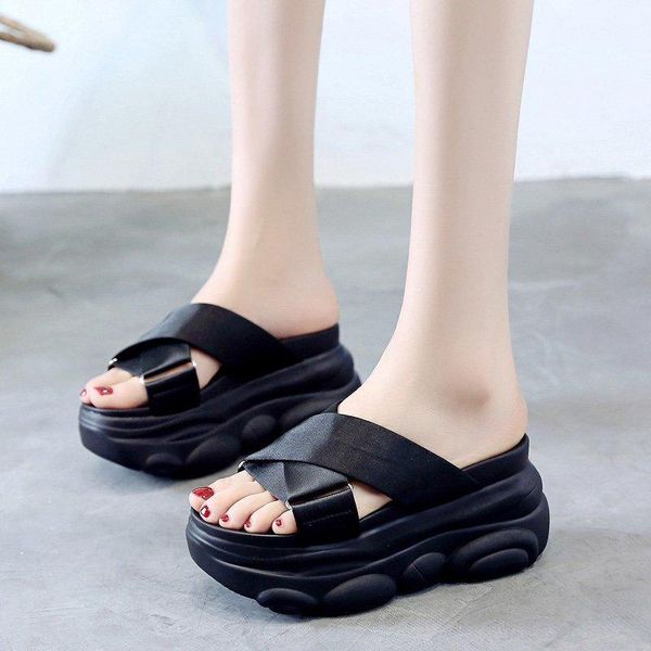 

slippers summer sandals women's drag net red outer wear muffin thick bottom 2021 crossbeltbearbottom lazyhalfslippers, Black