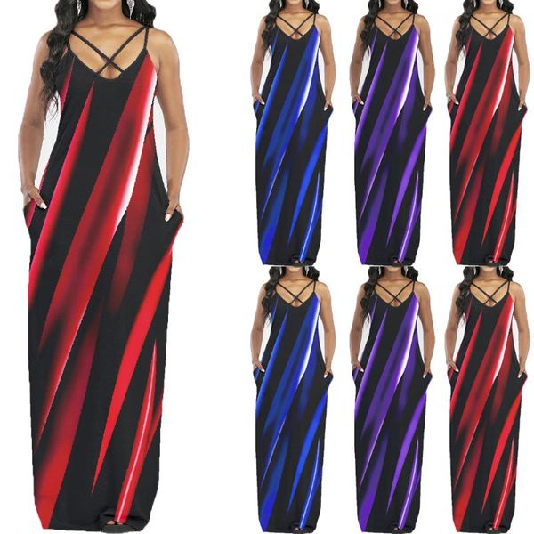 

casual dresses summer dress for women 2021 fashion irregular diagonal stripe print v-neck sleeveless slim sling maxi female vestidos, Black;gray