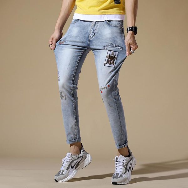 

men's jeans summer mens autumn crop insect letter embroidery stretch fashion man casual skinny denim trousers ankle length pants, Blue