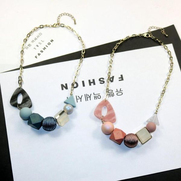 

fashionable korea style mixed wooden beads with triangle resins women`s short necklaces chokers, Golden;silver