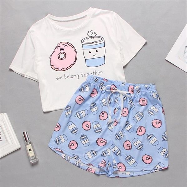 

pajamas cute cartoon print short womens sleepwears comfortable home set sweet sleeved t shirts and shorts summer, Black;red