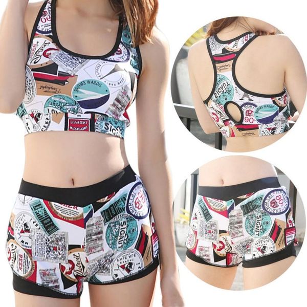

women's swimwear high waist flexible boxer swimsuit women padded split swimming set print crop shorts bikini two-piece beachwear, White;black