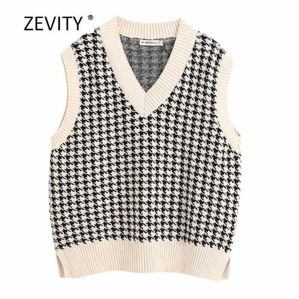 Mulheres vintage v neck houndstooth xadrez padrão de malha casual colete solto suéter feminino patchwork sem mangas camisolas tops ct516 210603