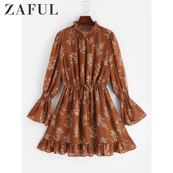 

casual dresses zaful shirred flower print bell sleeve dress for women a-line mock neck long belt mini drawstring female, Black;gray
