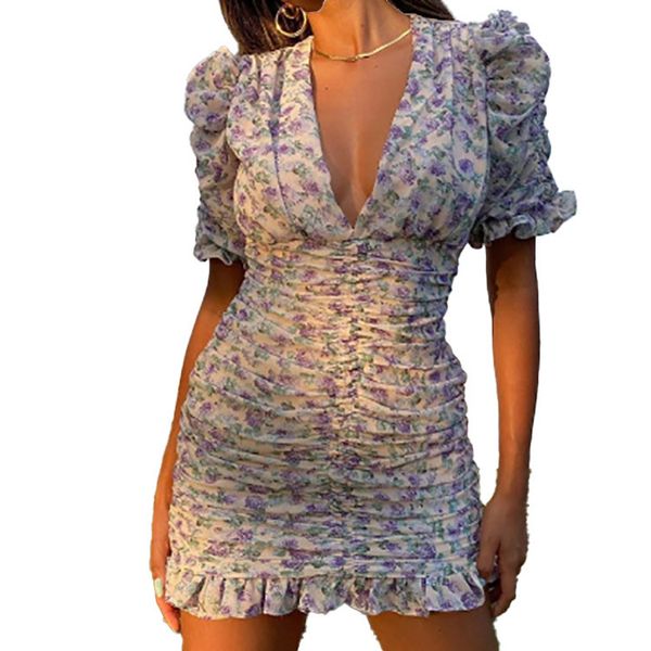 

2021 young mature french print deep v ruffle sleeve s, Black;gray