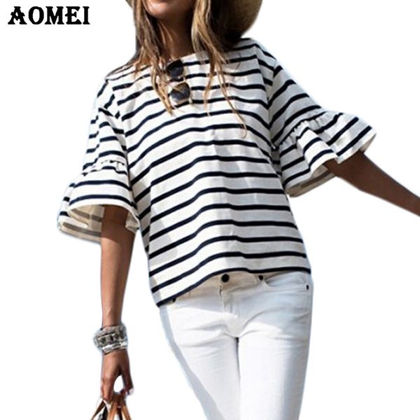 

tee 2021 women slobbering casual sleeve t striped black and white neck summer woman shirt 7k2x