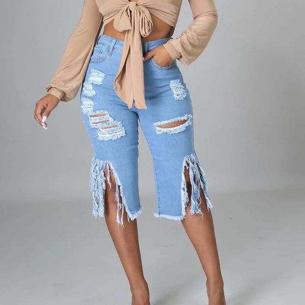

women's jeans hollow out ripped short summer women fashion slim high waist distressed tassel denim shorts woman knee length, Blue