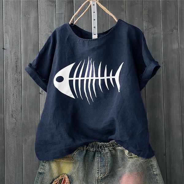 

2019 popular new large women's loose fashion fishbone print t-shirt, White