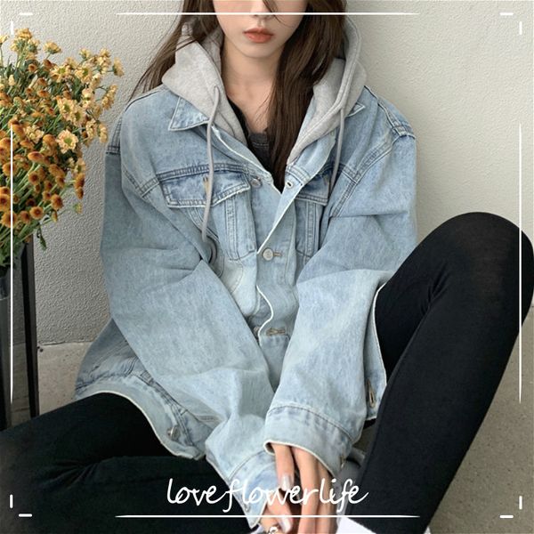

denim jackets for women hooded casual long sleeve vintage jean coats female winter fake two piece outerwear korean autumn 210521, Black;brown
