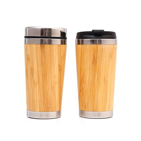 

bamboo coffee cup stainless steel travel mug with leak-proof cover double layer insulated milk office teacup drinkware mugs