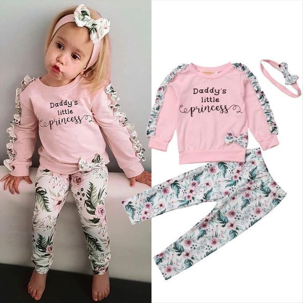 

autumn winter 3pcs kids toddler newborn baby girl clothes set ruffles long sleeve floral t shirt pants headband outfits, White