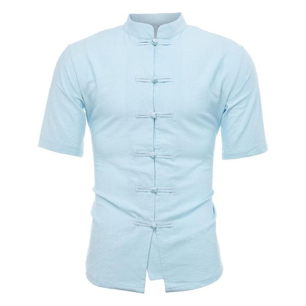 

men's casual shirts retro stand collar business vintage pure color linen cotton short sleeve soft blouse tees, White;black