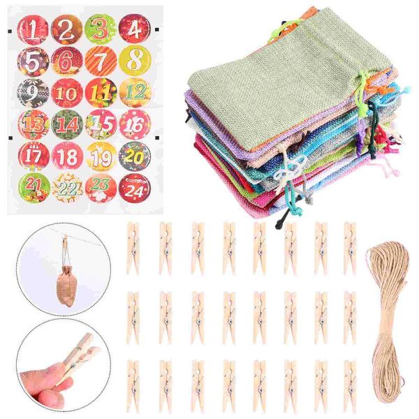

gift wrap 24pcs christmas drawstring pouch with wooden clips stickers and rope