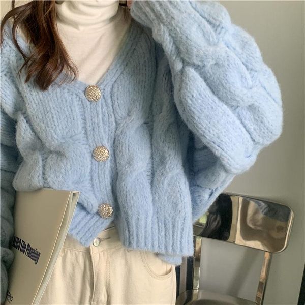 

women's knits & tees herstory korean twisted short causal sweater cardigan long sleeve v-neck 2021 autumn winter solid women knitted ja, White