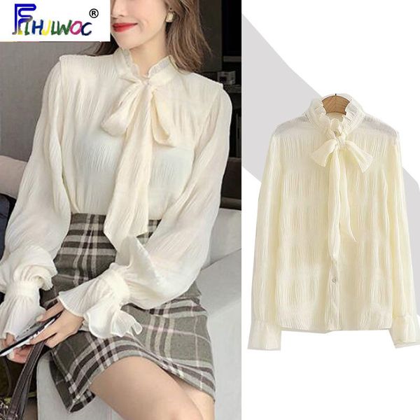 

bow tie women korean style design clothes flare sleeve elegant office lady cute ribbon sweet basic shirts blouses 1627, White