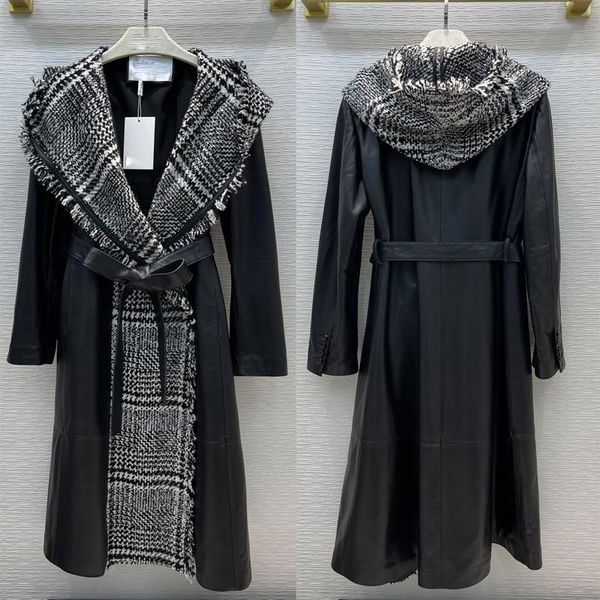 

women's wool & blends cotton sheepskin stitching plaid tweed hooded leather trench coat high street fashion casual elegant stunning lad, Black